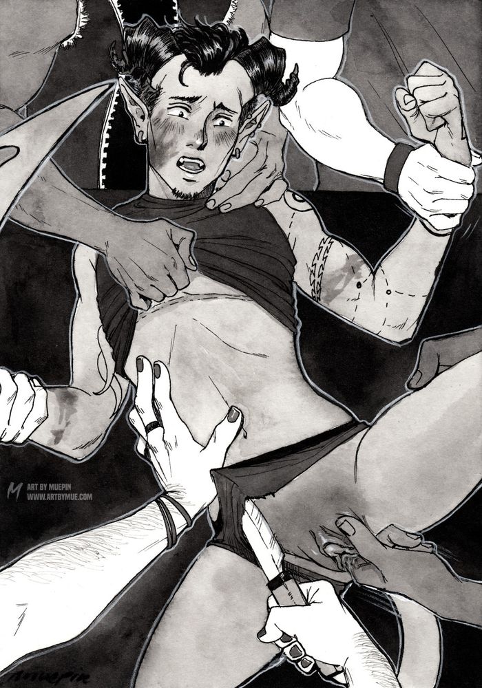 Warnings: noncon, non-con, nonconsensual, groping.
Traditional ink drawing of my transmasc OC Flaym getting grabbed and groped by hands from off-screen. One is cutting his underwear with a knife while another is fingering his pussy. He has a mark from getting slapped on his face.
