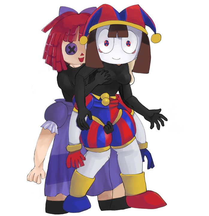 Artwork of two women dressed in mascot costumes: Jenny dressed as Ragatha and Suzanne Dressed as Pomni, with the mascot costume partially undressed