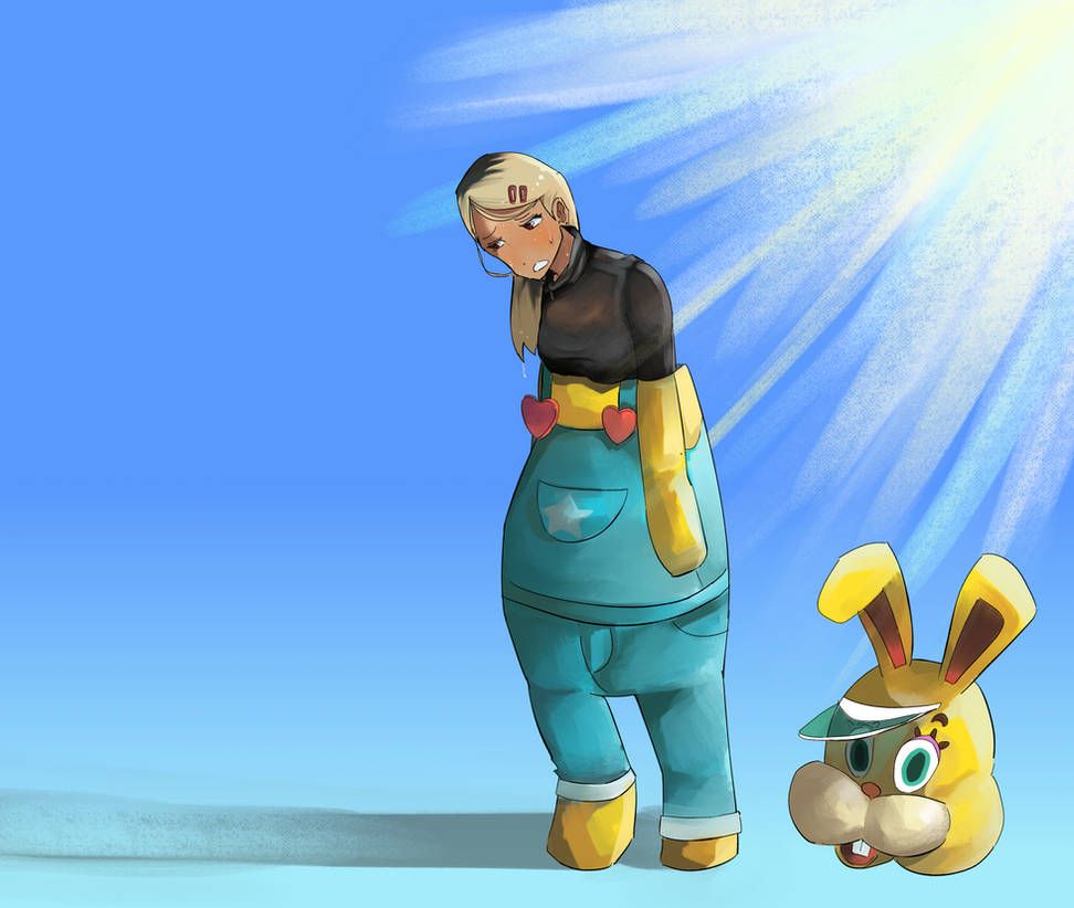 Artwork of a woman wearing a mascot costume suit of Zipper T. Bunny from the Animal Crossing series