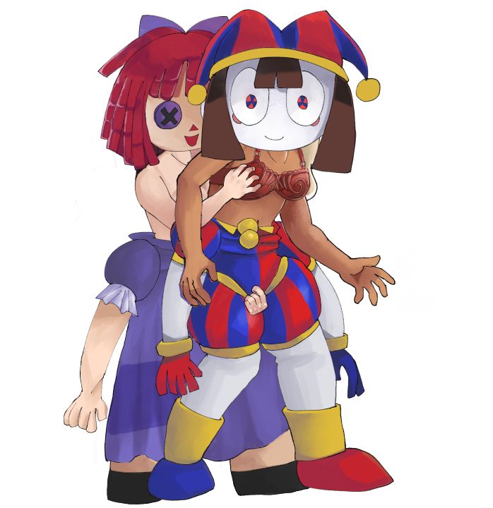 Artwork of two women dressed in mascot costumes: Jenny dressed as Ragatha and Suzanne Dressed as Pomni, with the mascot costume partially undressed