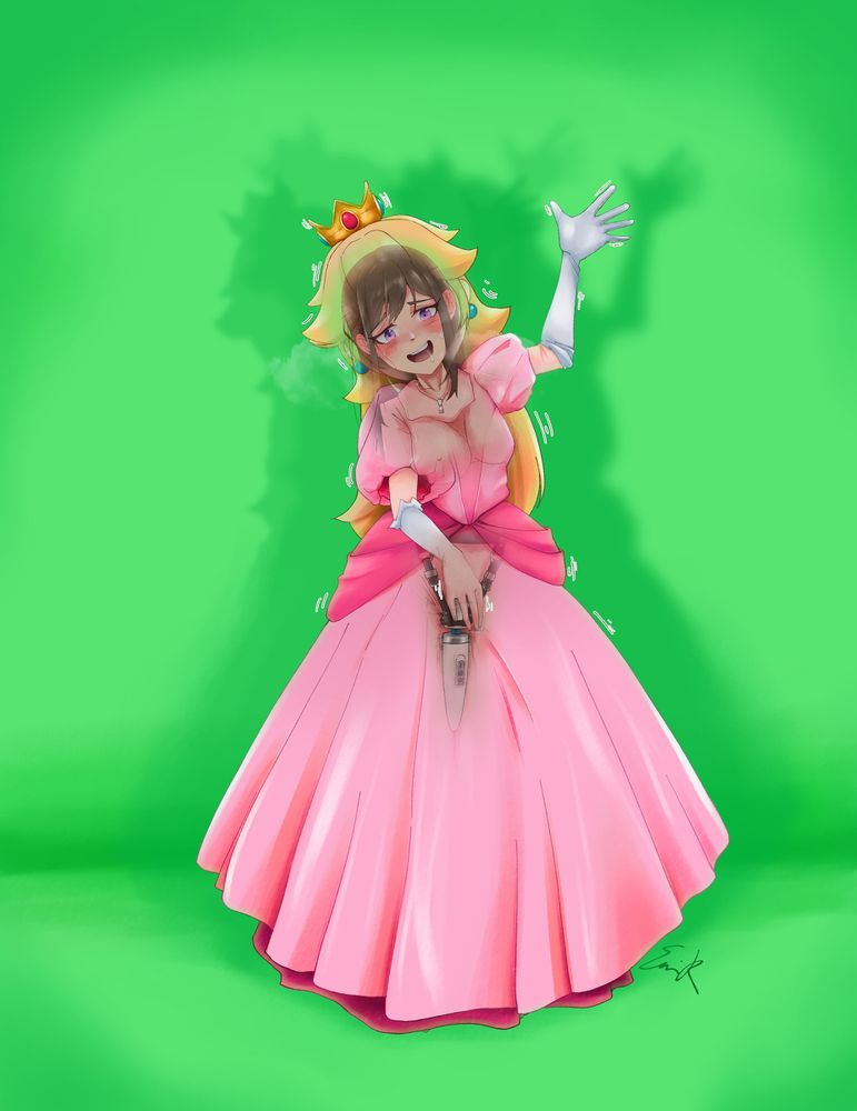 Artwork of a kigurumi mask cosplayer dressed up as Princess Peach, exposing the face of the woman underneath the mask as well as showing that she has a vibrator wand hidden underneath the dress