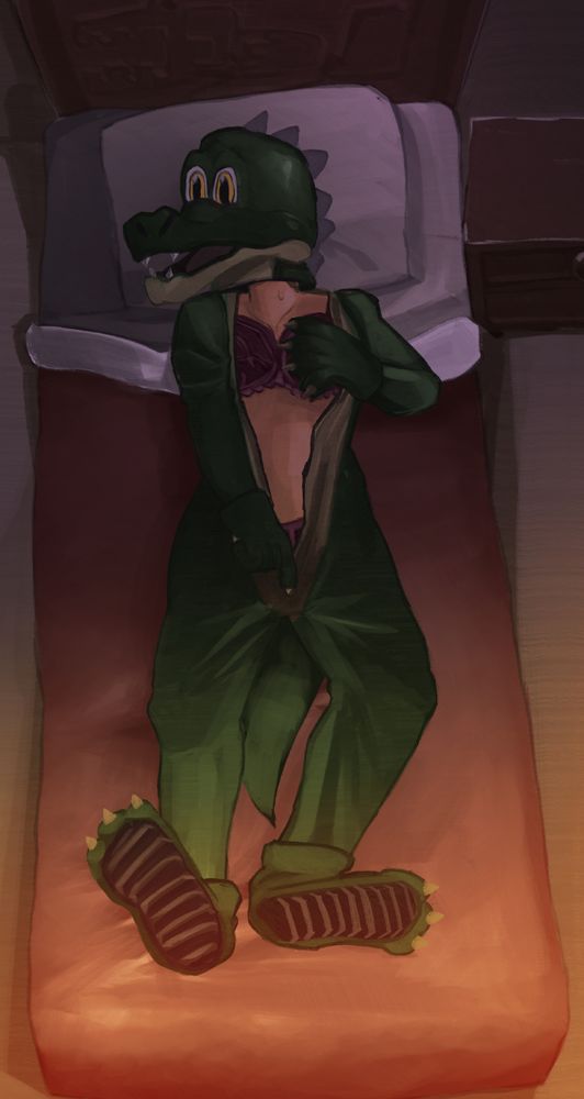 Artwork of a woman wearing an alligator mascot costume suit, masturbating in bed