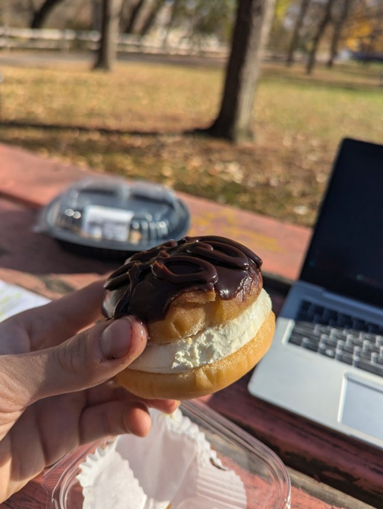 A mini custard filled cake held over a picnic table with a laptop and yellow fall foliage in the background 