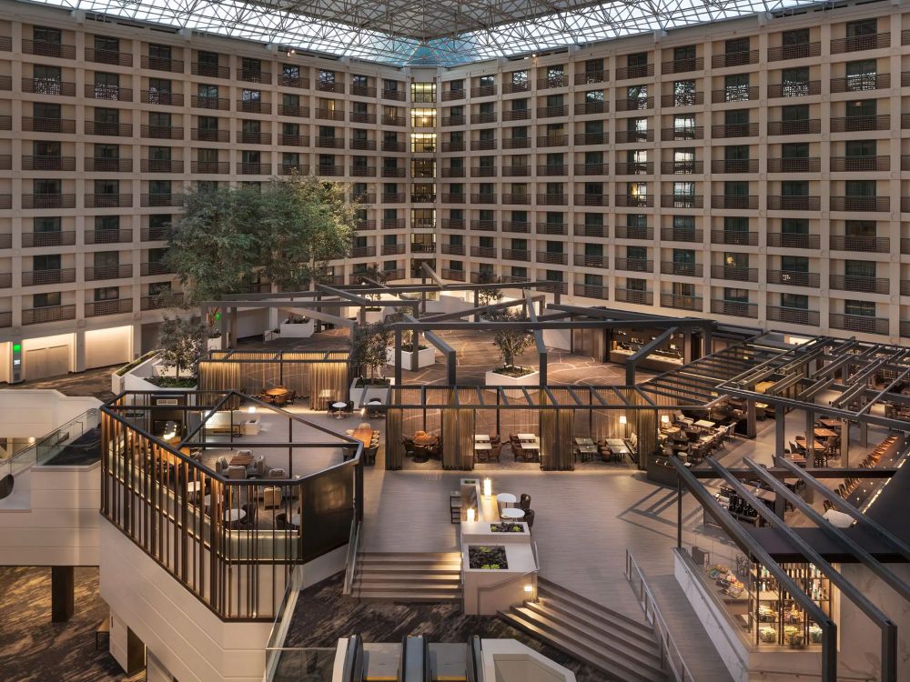 Hyatt regency San Francisco airport Atrium with all but one tree removed and no waterfall 