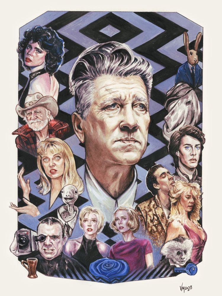 Watercolor portrait of David Lynch surrounded by characters from his films.