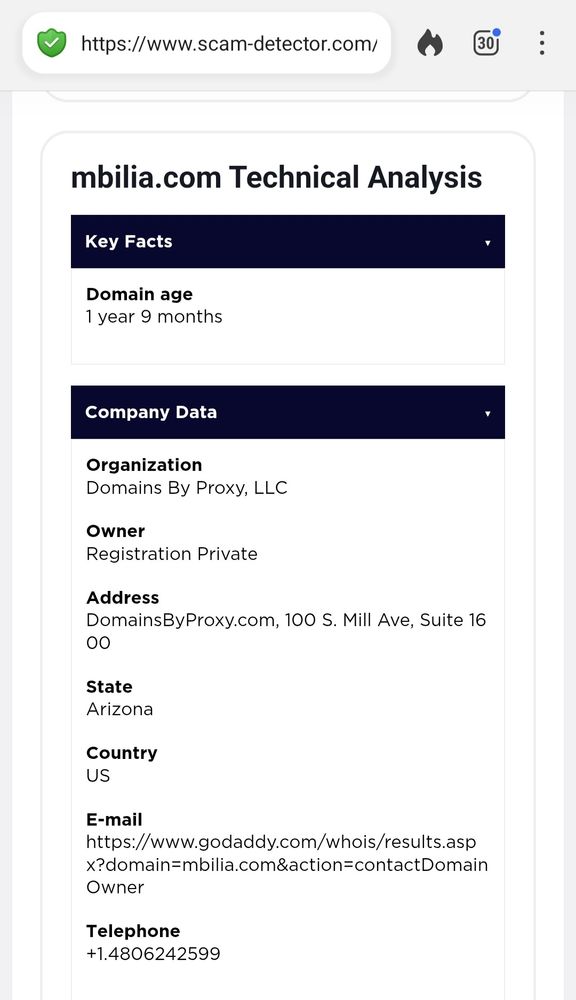 Screenshot of scamdetector.com analysis of mbilia.com
