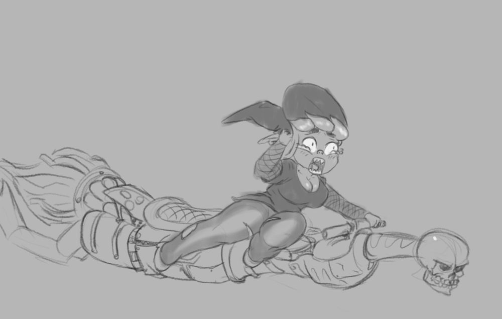 A goblin witch raiding a big broom bike but falling off