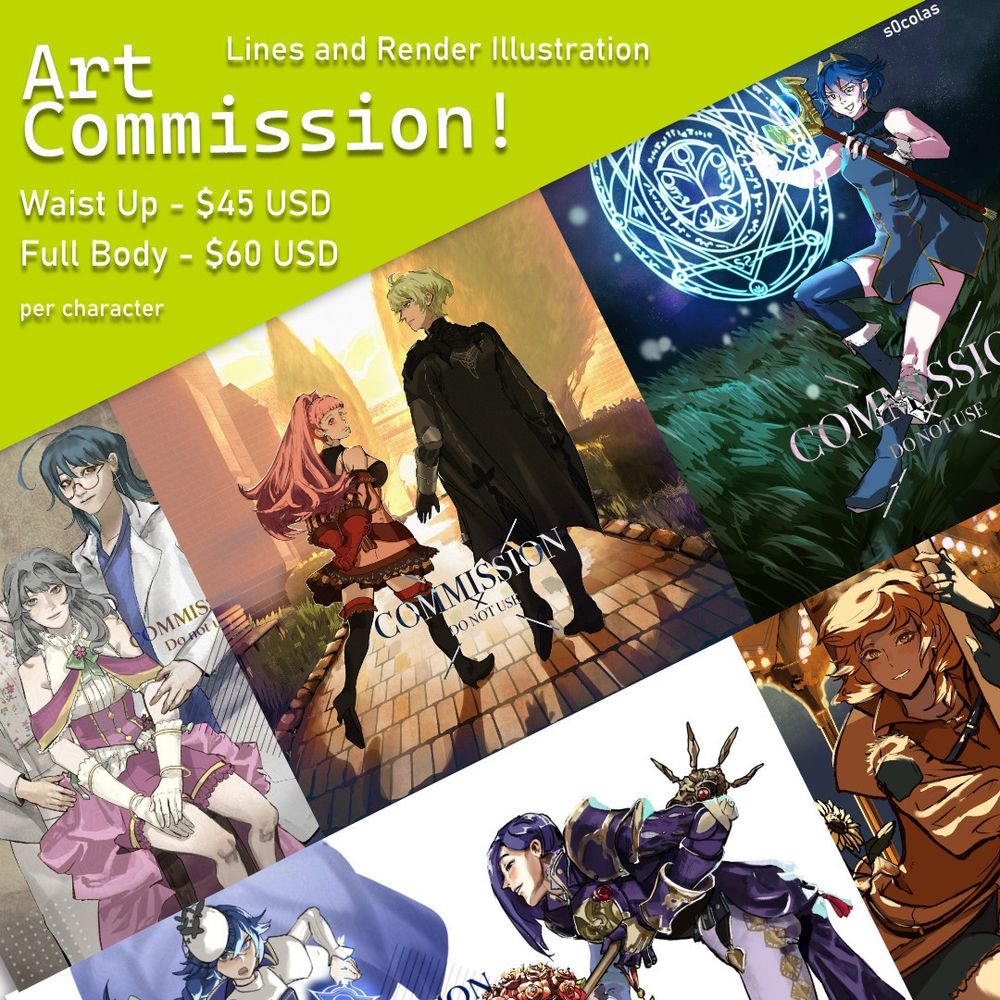 Graphic for my Lines and and Render commission. They’re priced as $45 for waist up and $60 for full body per character.