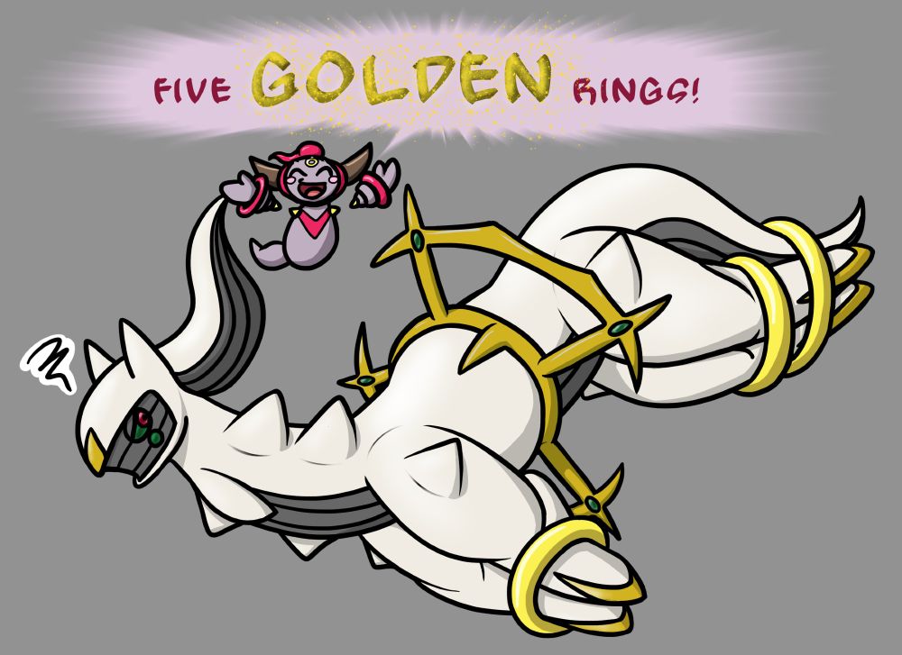 Hoopa has used three of his rings to tie up a very grumpy Arceus on the floor. Counting the ring around Arceus, Hoopa's three rings, and the ring on Hoopa's forehead, that makes five rings to match the song.