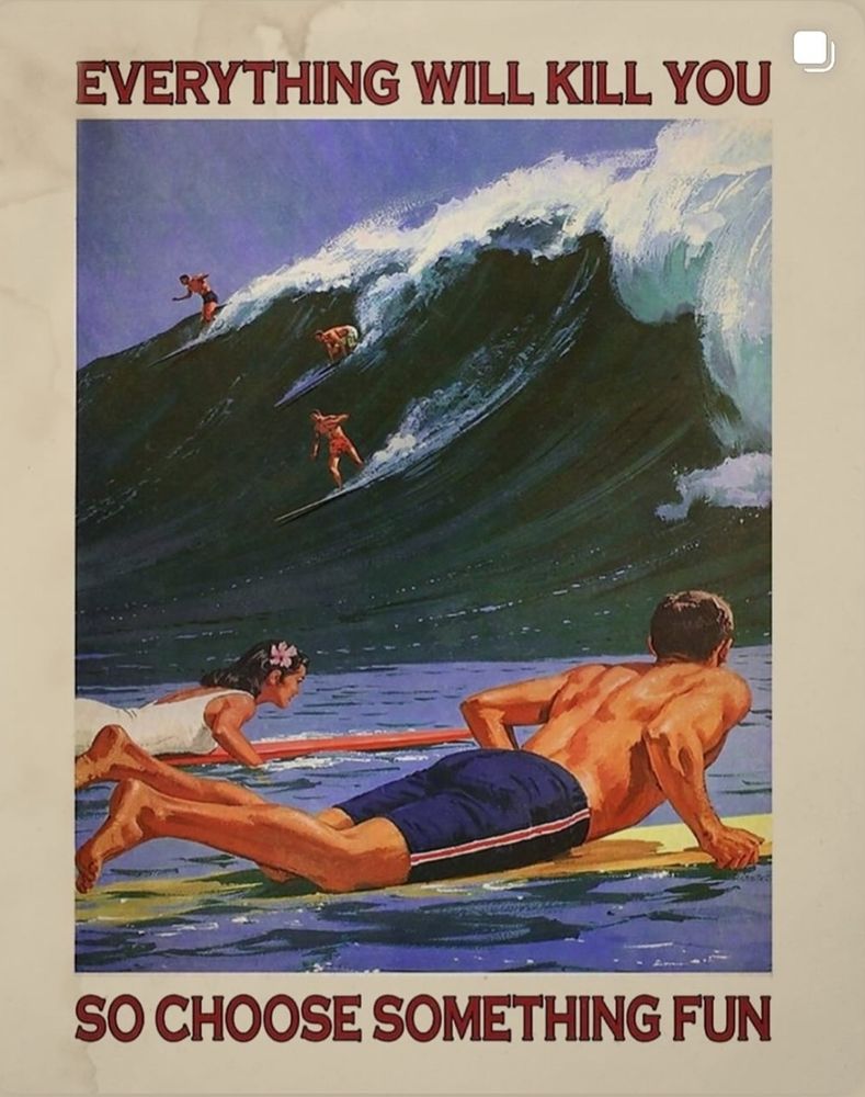 Vintage surfing poster that says "Everything will kill you so choose something fun."