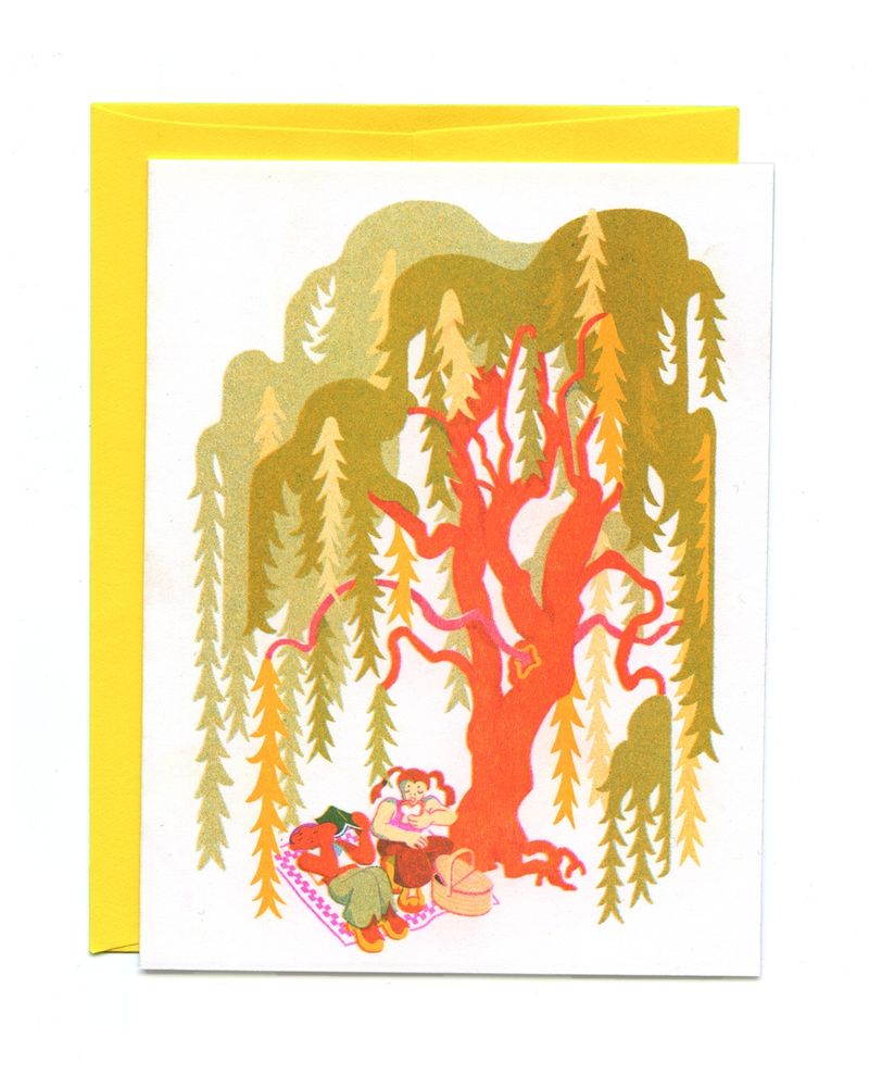 riso printed greeting card of 2 friends picnicking beneath a willow  
