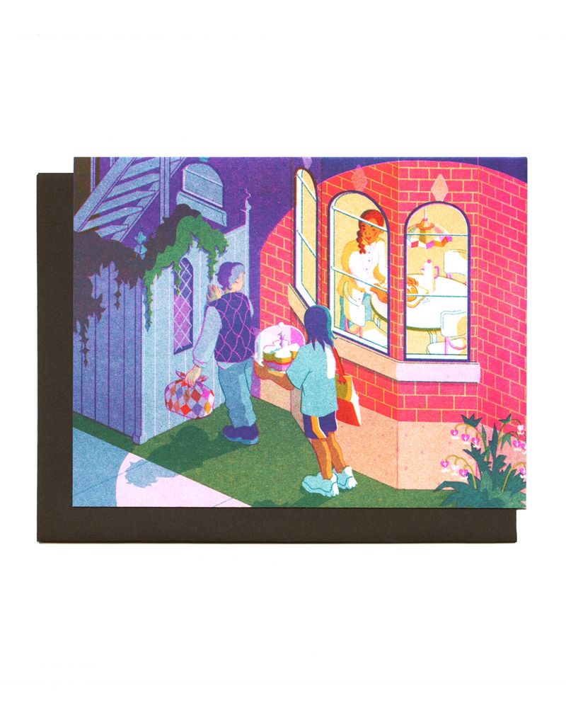 riso printed greeting card of 2 friends arriving at a dinner party while their other friend glimpses them outside through the window 