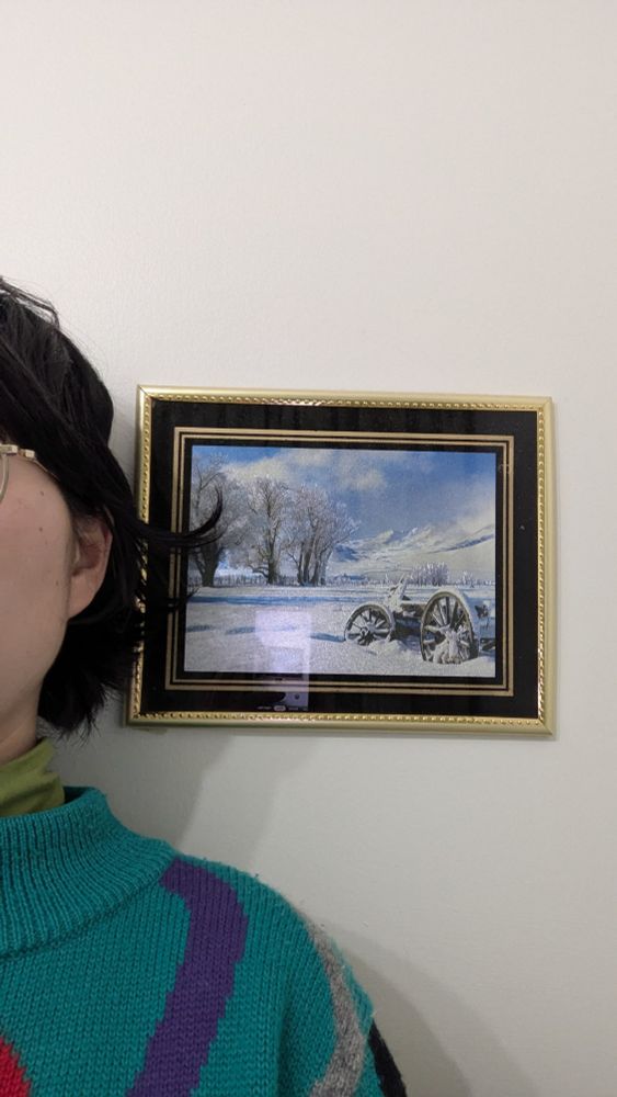 bathroom artwork: framed dollarama glitter painting from the 2000s
