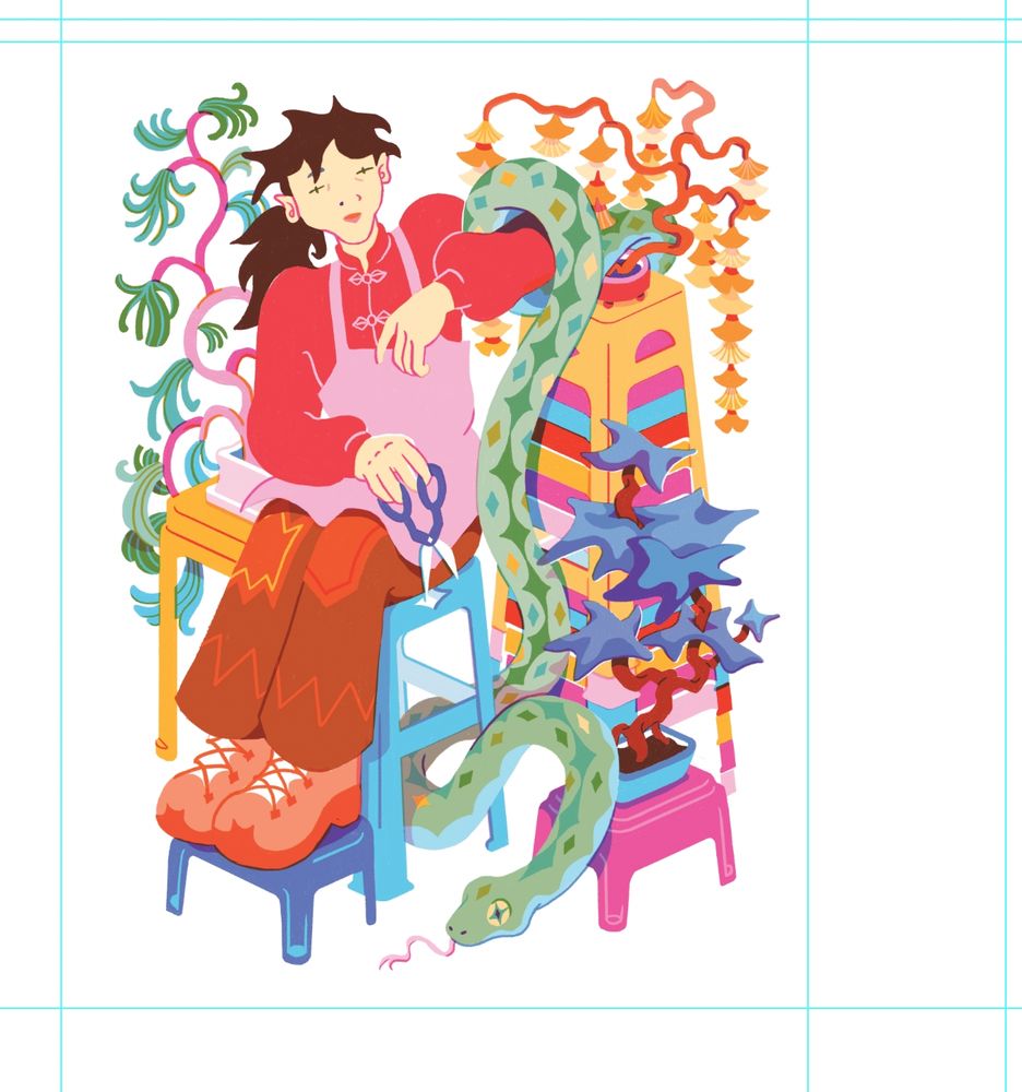 drawing laid out for 3-colour riso printing of a figure holding bonsai scissors, sitting among colourful stacks of plastic stools and bonsai arrangements, holding up a snake