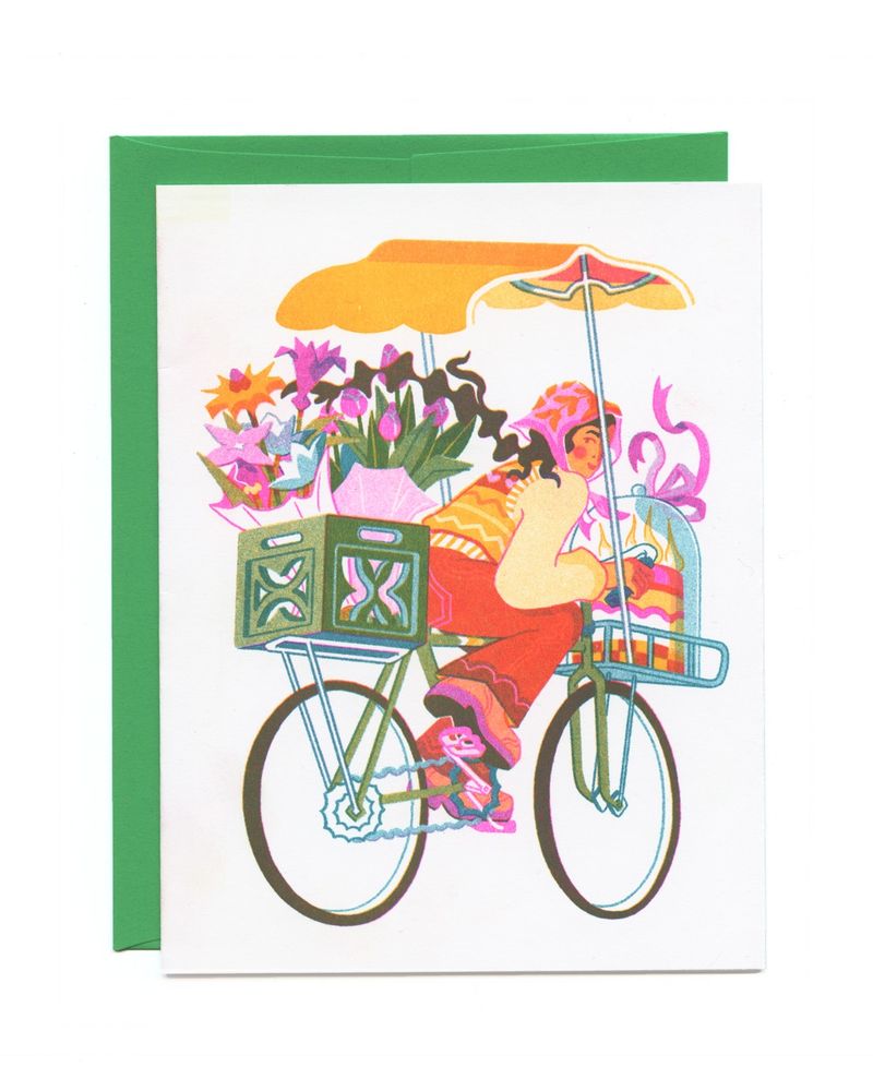 riso printed greeting card of a special delivery by bicycle 