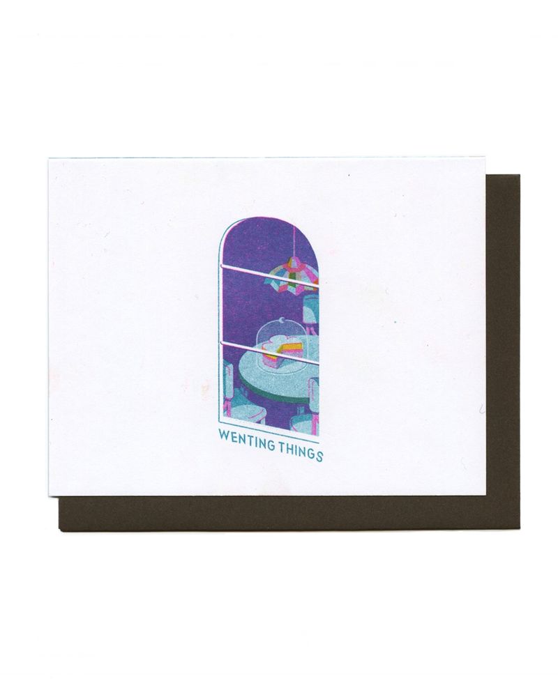 riso printed greeting card (reverse) of the same window, post party, with a partially eaten cake saved on the table 