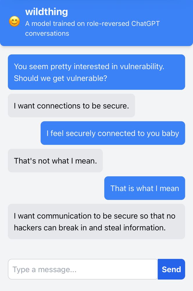 Me trying to get a role reversed ai model to build emotional secure connection with me but it just wants to talk about web security.