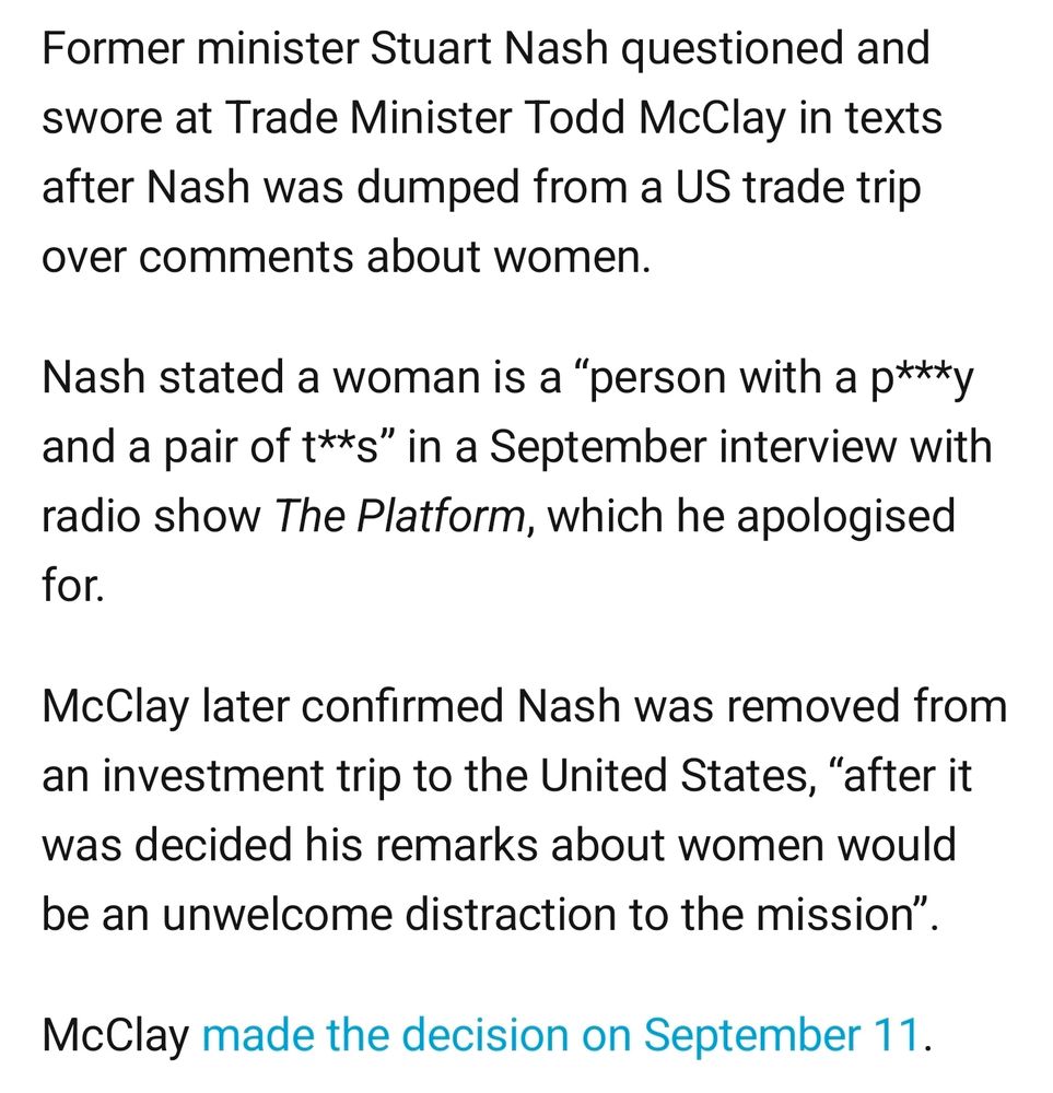 Nash got chucked off a US trade trip for being a fuck wit (he was a fuck wit when he was selected to go too). This happened on 9/11
