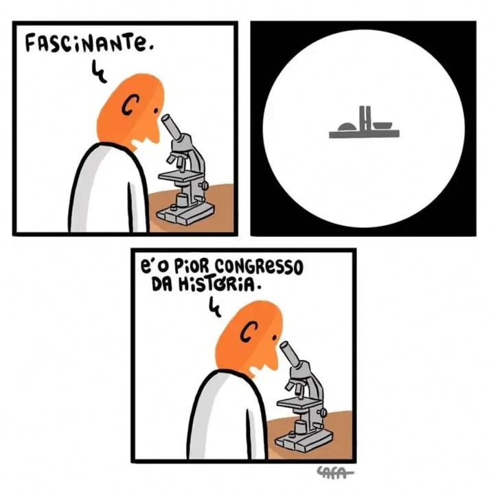Tirinha em 3 atos. Pessoa aparentando estar em um laboratório, de jaleco branco observa um microscópio e diz “fascinante”. Nas lentes do microscópio, bem miudinha, aparece a imagem do congresso nacional. A pessoa comenta “É o pior congresso da história“