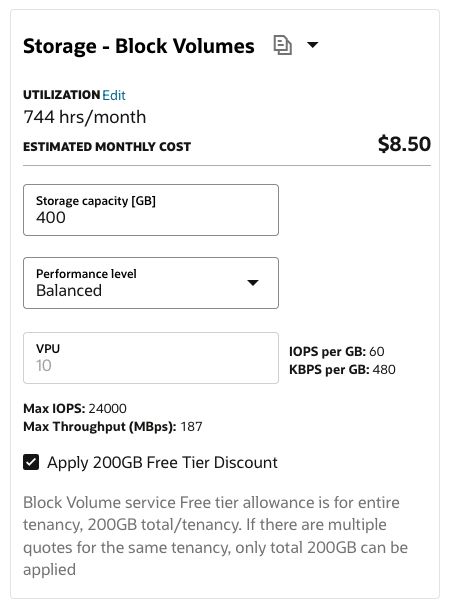 Captura de tela da estimativa de preço da Oracle Cloud, Storage (armazenamento). Está descrito um volume de 400Gb, aplicado o desconto da camada gratuita e o total mensal é de 8,50 dólares americanos.