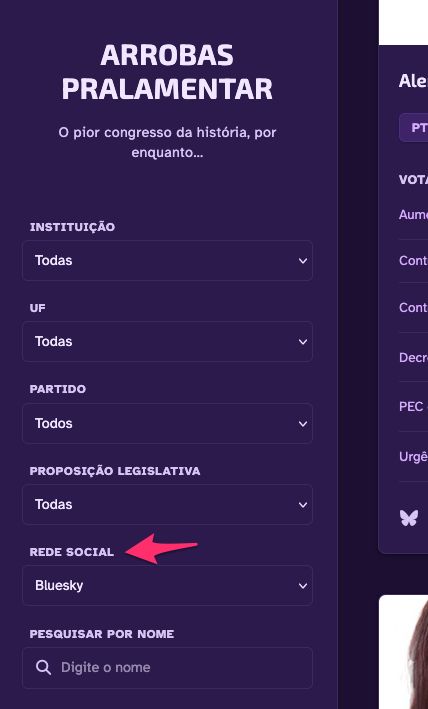 Interface do site Arrobas Pralamentar com o destaque no novo filtro por “Rede Social”