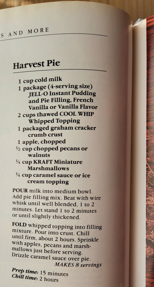 Recipe for Harvest Pie. Ingredients include milk, pudding mix, Cool Whip, graham cracker crust, chopped apple, nuts, mini marshmallows, and caramel sauce.
