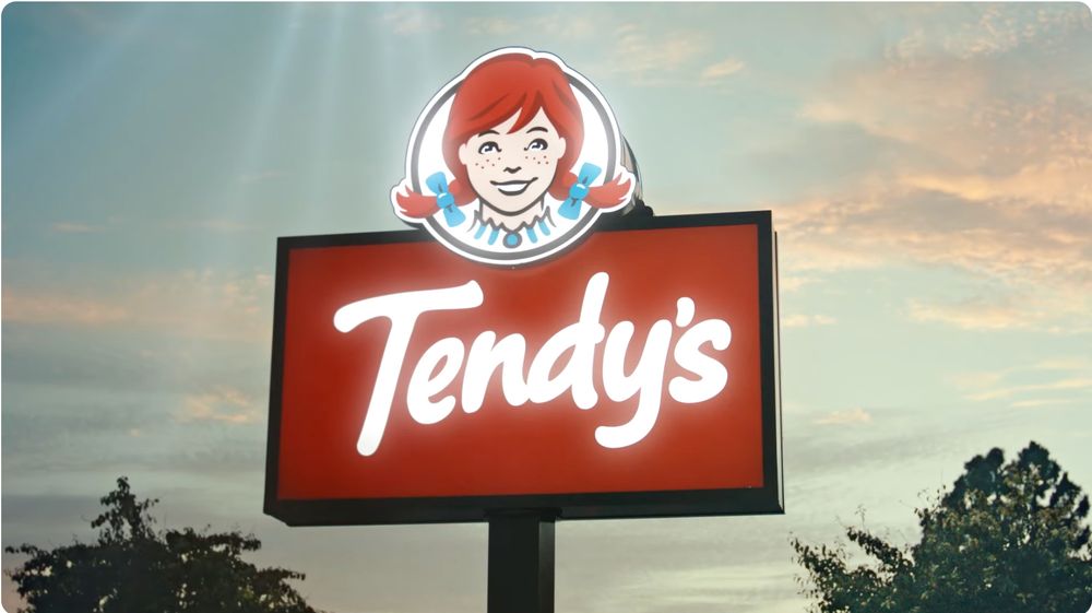 Screen grab from a Wendy's commercial where they've changed the restaurant sign to say "Tendy's" instead.