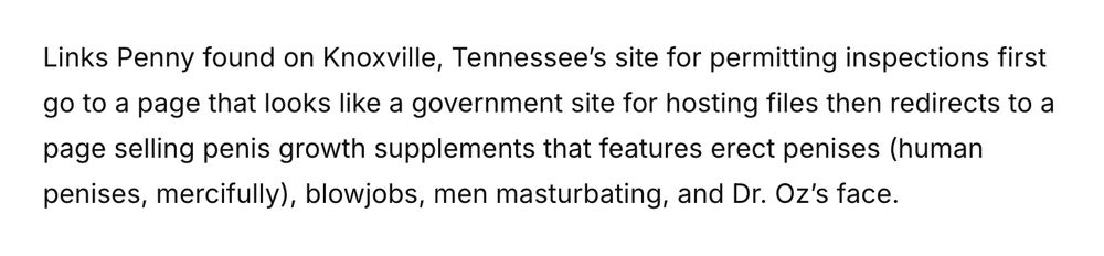Screen grab of a paragraph from the linked article that reads, "Links Penny found on Knoxville, Tennessee's site for permitting inspections first go to a page that looks like a government site for hosting files and then redirects to a page selling penis growth supplements that feature erect penises (human penises, mercifully), blowjobs, men masturbating, and Dr. Oz's face."