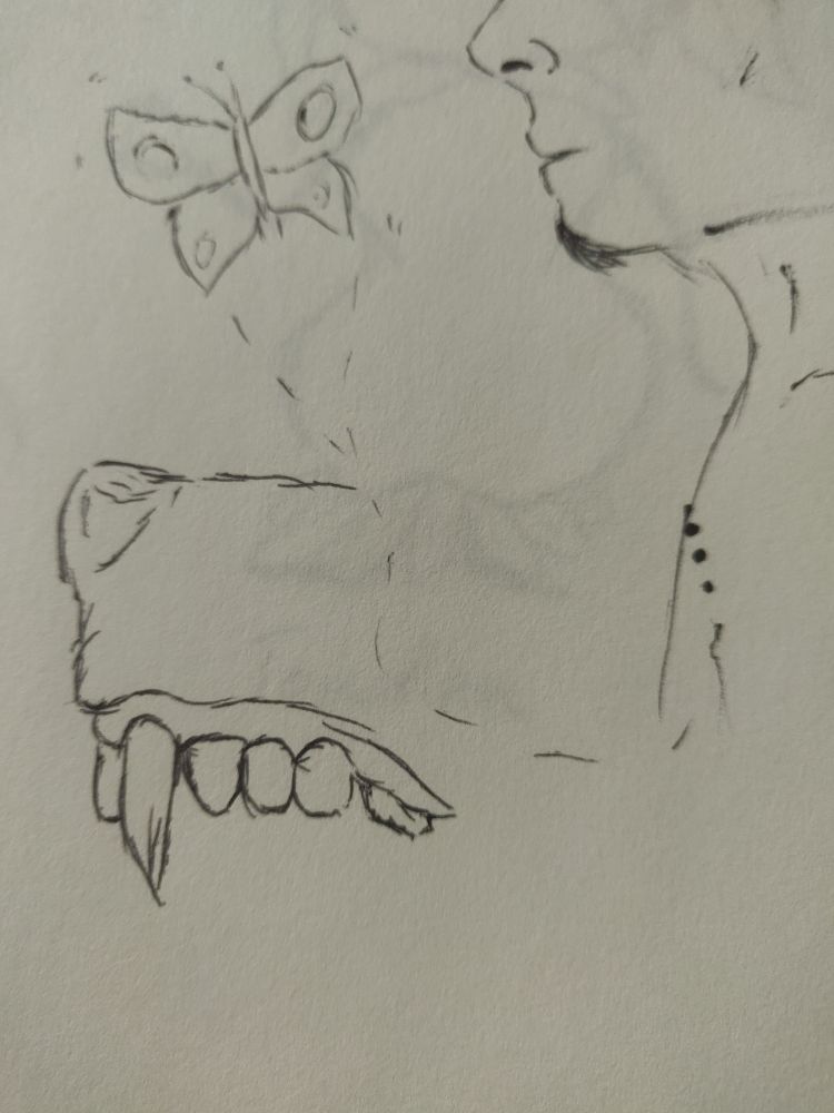 The bottom half of a man's face leading to his chest with sutures across the chest, a butterfly trail leads off of the sutures leading to a little butterfly flying. The top front part of a snarling canine to the left.