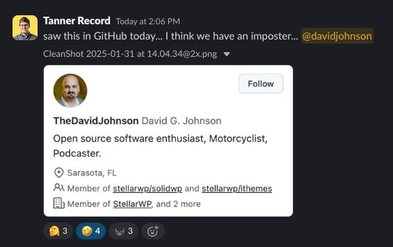 Screenshot from a Slack post which contains a screenshot of the Github profile of TheDavidJohnson sporting a short-trimmed mustache and goatee instead of the long beard he's worn for more than 5 years