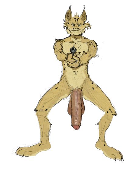 image is a digital drawing of a lynx man pointing a gun towards the viwer. He is wearing no clothes and his absolutely gigantic dick and balls are hanging in between his legs. he has a fierce expression on his face