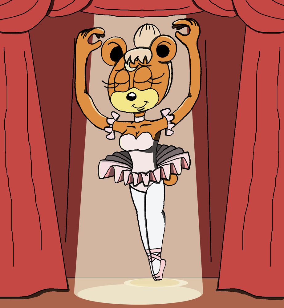 Luna McUrsa the Teddiursa as a tututiful ballerina, dressed in a tututiful pink ballerina tutu, and gracefully dancing ballet with a warm smile.