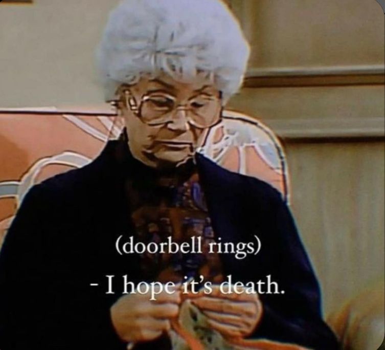 Golden Girls - Sofia Patrillo sits knitting, looking down with a serious expression. The subtitles say: (doorbell rings) - I hope it’s death.