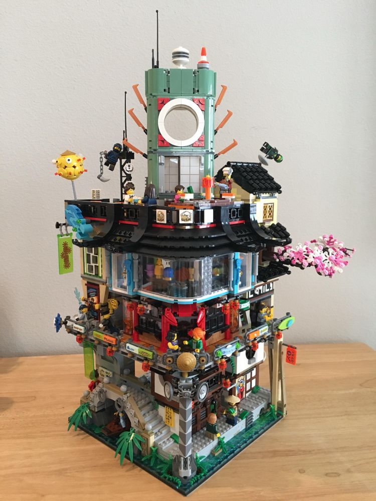 Ninjago Lego City, four storeys high, lots of vibrant colours.