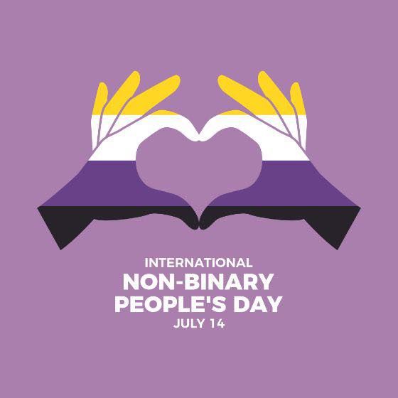 On a pale mauve background, a pair of hands held up to form a heart shape with the fingers. The hands are colored in the pattern of the non-binary pride flag (a yellow stripe, white stripe, purple stripe, and black stripe). Below the hands is the text "International Non-Binary People's Day July 14"