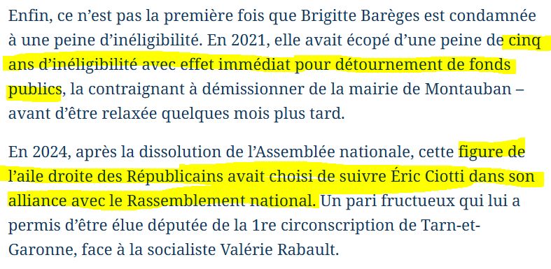 Screenshot de l'article mentionnant le fait que Brigitte Barèges a déjà été condamnée pour détournement de fonds publics en 2021 avant d'être relaxée.