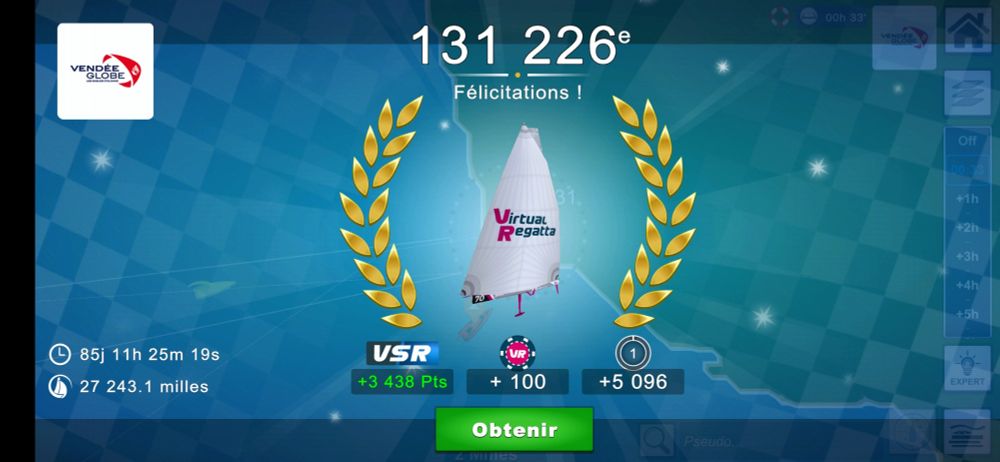 Screenshot de fin de Vendée globe sur Virtual regatta.
131226ème
85 jours 11 heures 25 minutes et 19 secondes.