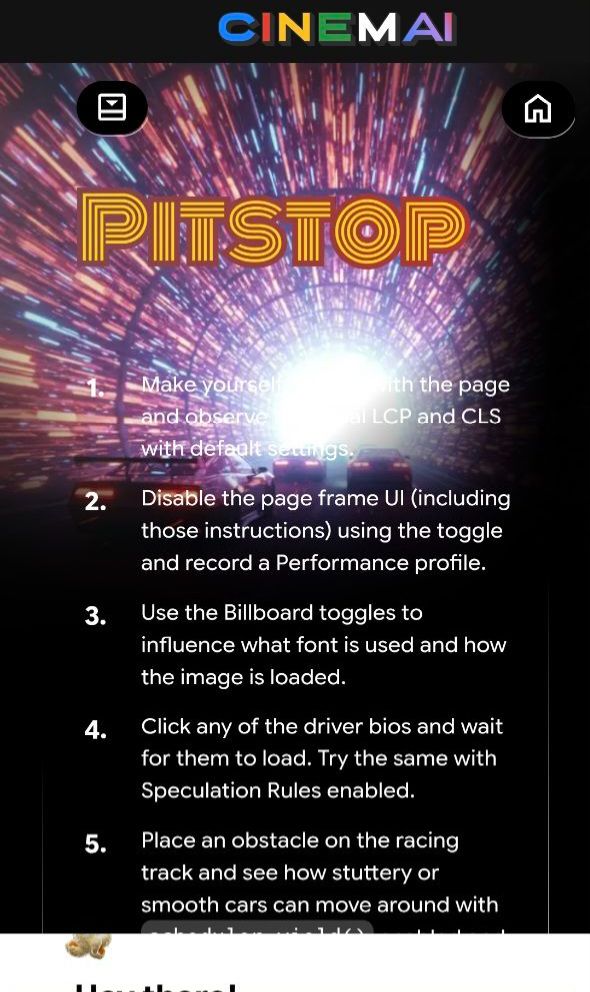 A screenshot of https://chrome.dev/cinemai/devtools/pitstop on a mobile phone resolution in portrait orientation. Thers's a "CINEMAI" title at the top and a "PITSTOP" subheading, the background is mostly black but a bright spot below the subheading, there are some white text over the bright white spot.