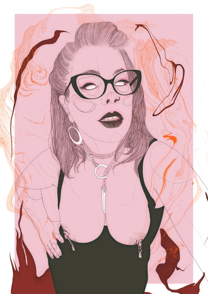 Line art commission of s portrait drawn by anni jyn. A femme in a black catsuit with her tits out wearing nipple clamps and looking at the viewer