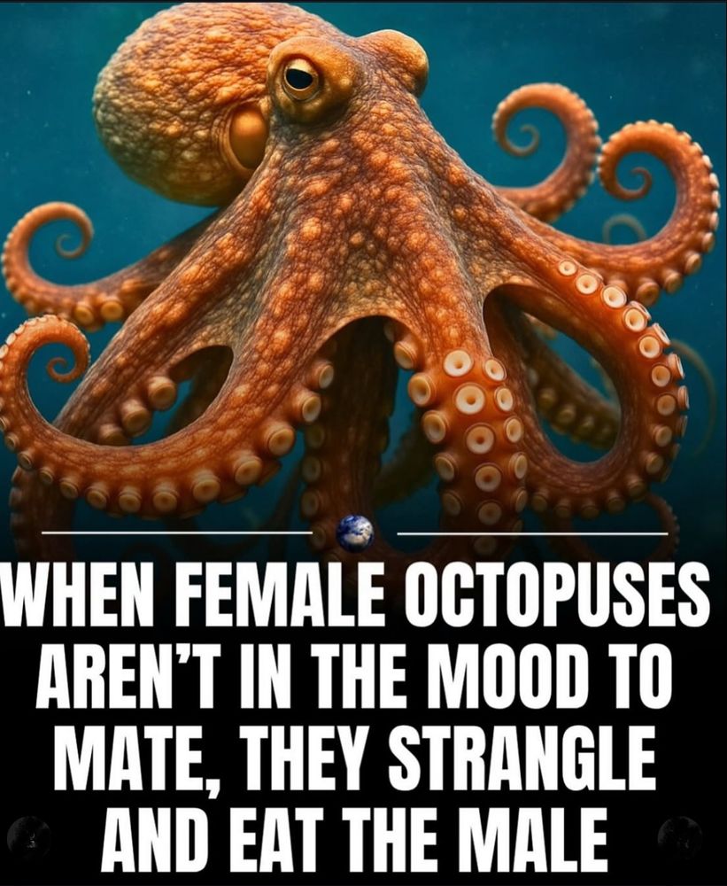 An octopus in water with the caption: 
 WHEN FEMALE OCTOPUSES AREN'T IN THE MOOD TO MATE, THEY STRANGLE AND EAT THE MALE