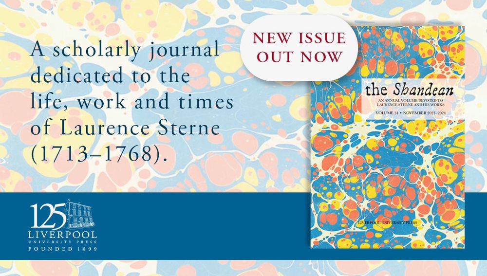 An oil blot background in mid blue, orange and yellow with the new cover of The Shandean journal at the forefront with the same pattern on its cover on top of a blue banner at the bottom.
