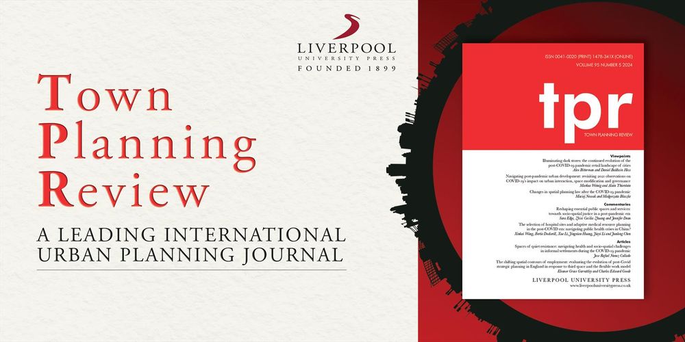 Town Planning Review. A leading international urban planning journal. Text is overlaid on a paper texture background in cream. The letters TPR are in bold and embossed. The TPR journal cover sits to the right with a bright red block of colour in the top third and the letters 'tpr' in lowercase white font. The remainder of the cover is white with small black text showing the table of content. Journal cover is overlaid on a circular graphic with a city skyline running around the perimeter of the circle in black, a dark shade of red sits behind. Liverpool University Press logo sits at the top with a red logo of a liver bird in a simple minimal swoosh.  