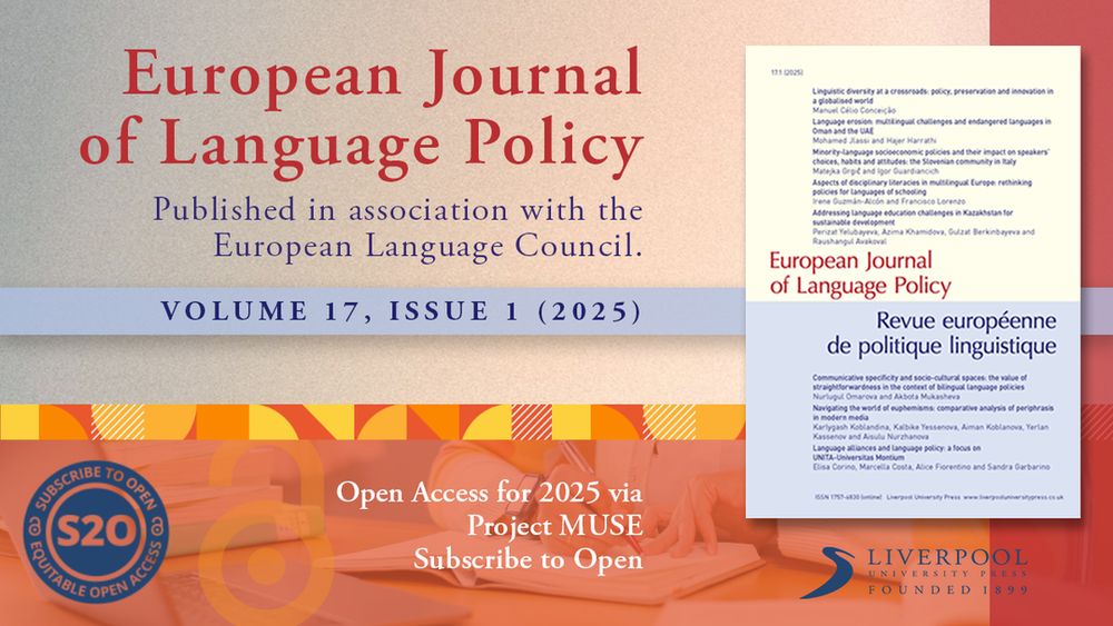 European Journal of Language Policy 17.1 on a beige banner with an orange banner below featuring the S2O logo in blue, with the blue and cream EJLP journal cover on the right hand side. 