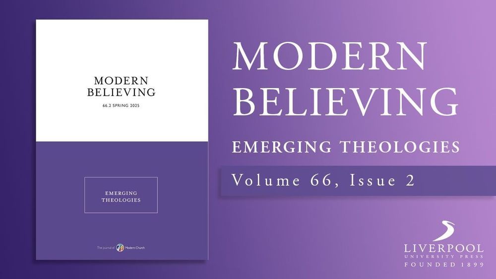 A purple fade background which is overlaid with the latest cover of Modern Believing titled 'Emerging Theologies' with Volume 66.2 written in white to the right hand side.