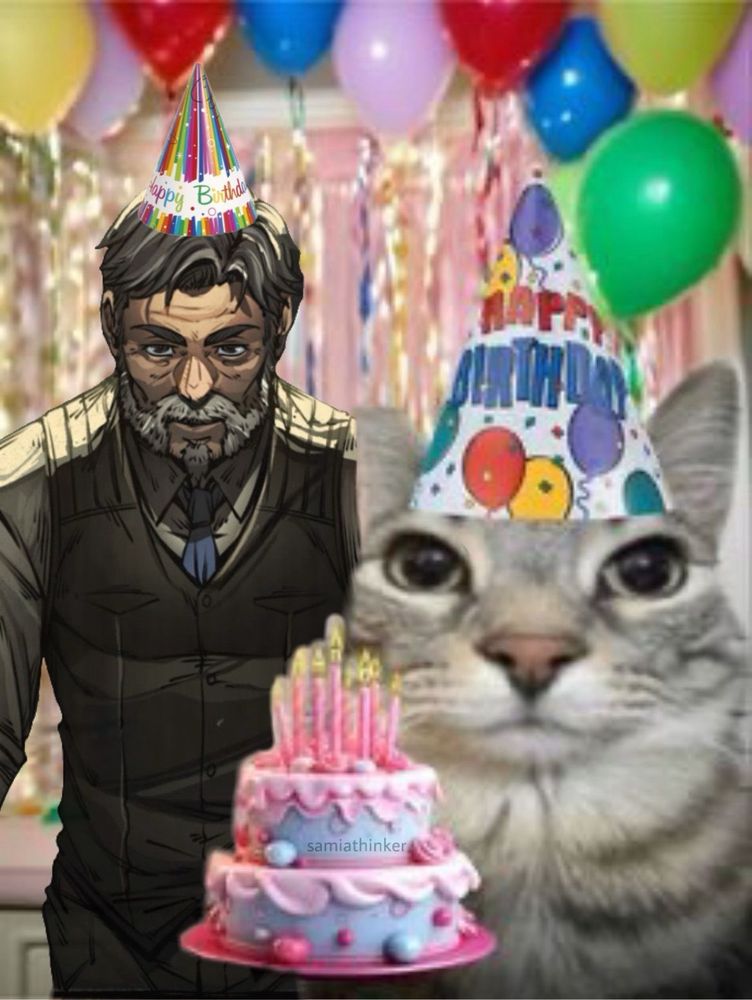 Na imagem tem o Senhor Veríssimo (Ordem Paranormal/Enigma do Medo) e um gato cinza ambos com chapéu de aniversário e um bolo logo à frente.