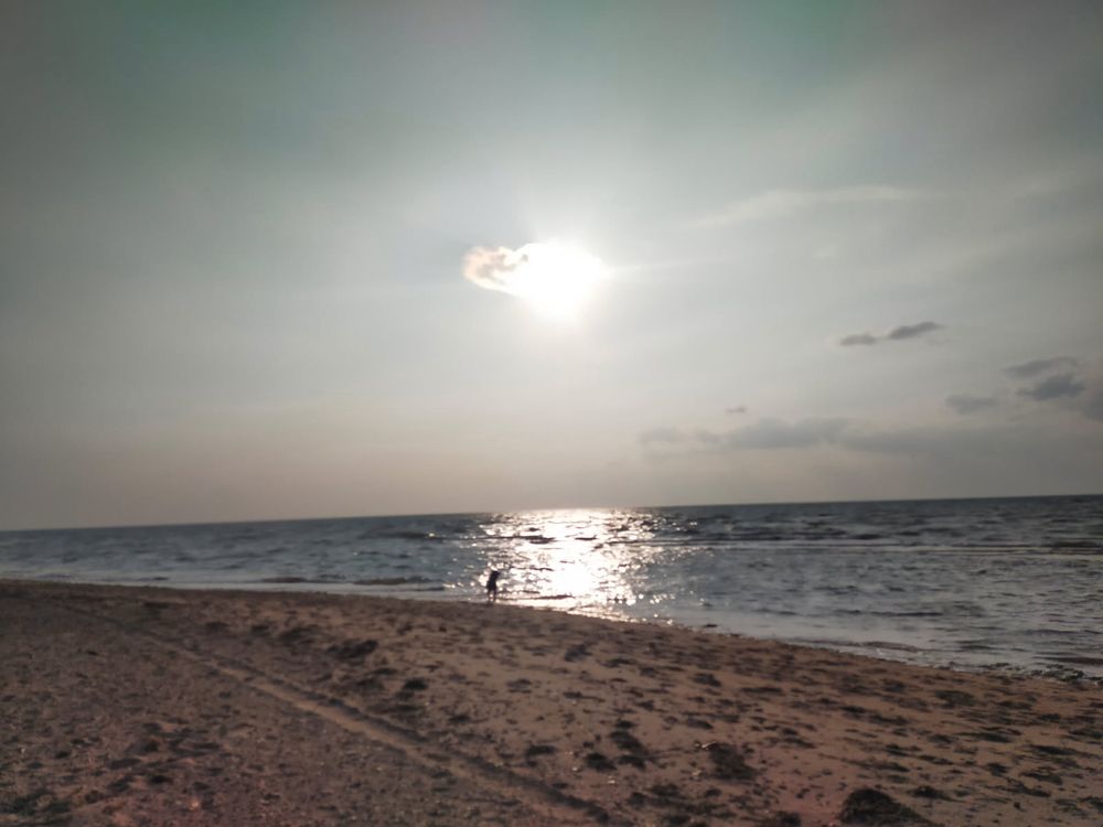 Late afternoon beach, look hard and you will see a small dog on the shoreline. It’s Merle.