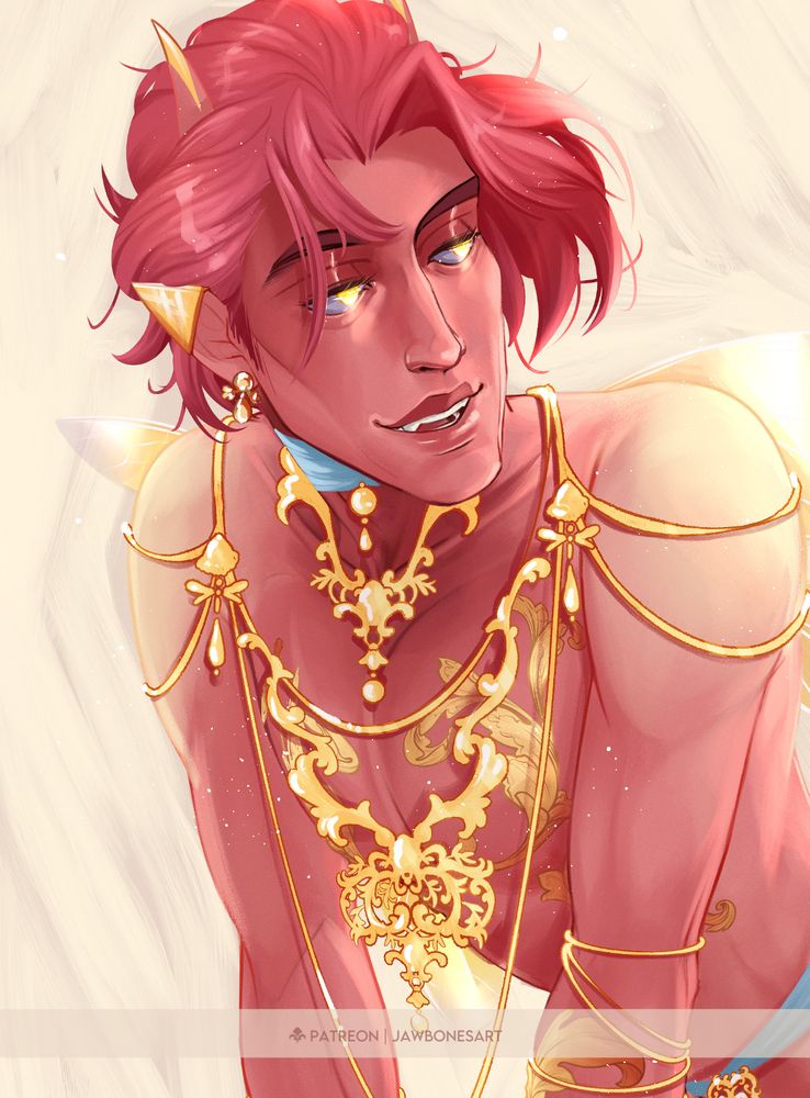 a cropped image showcasing OC Mallory dressed in nothing but gold jewelry consisting of lengths of gold chain, rococo filigree statement pieces, and some dangling pearls. out of frame is in fact his dick.

