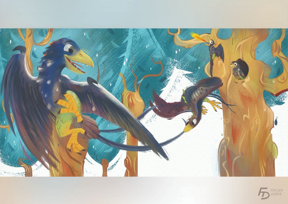 A spread page illustration showing 4 bird-dinosaur-dragon hybrids flying and playing in the woods