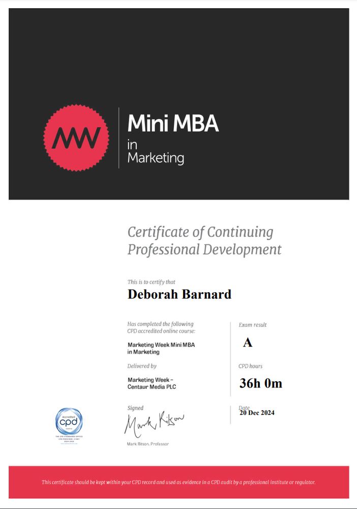 Screenshot of the course certificate. It shows the course title (Mini MBA in Marketing), grade achieved (A), and continuing professional development hours (36)