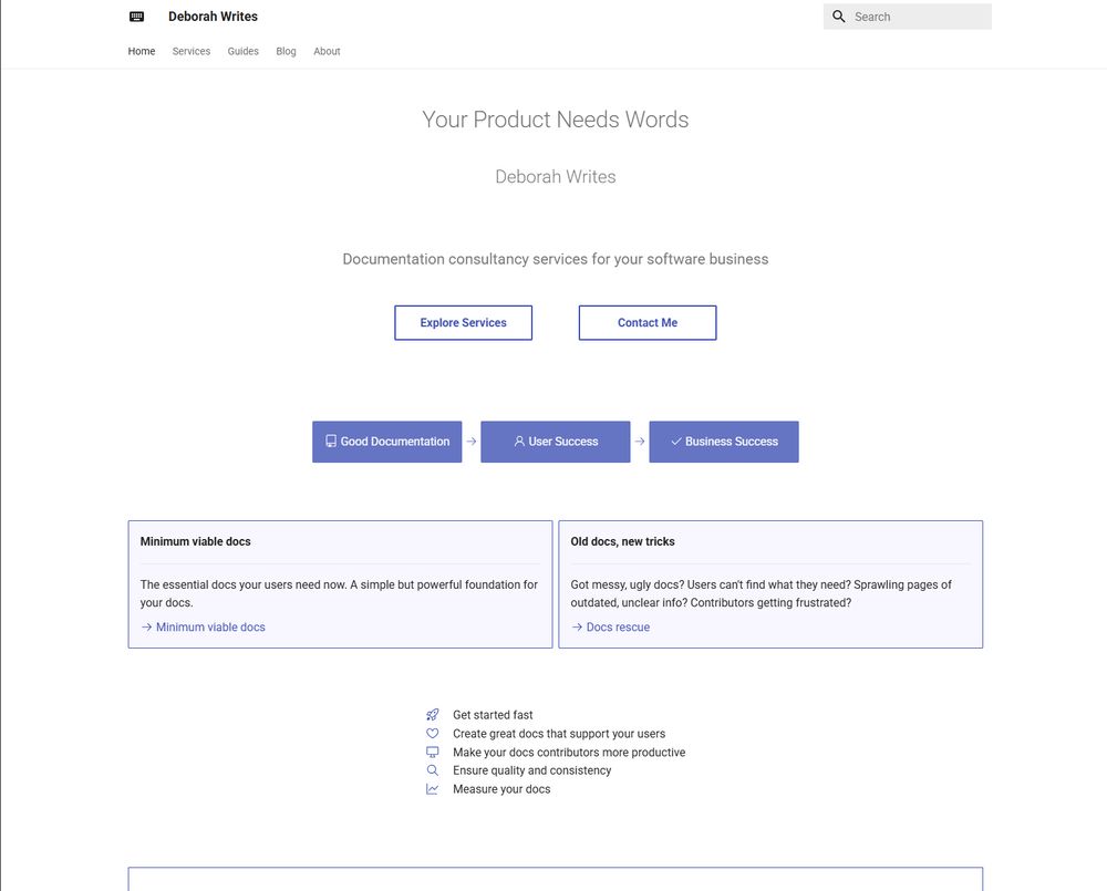 Screenshot of website after AI feedback. it's still very plain, but there are more calls to action and a little more colour.